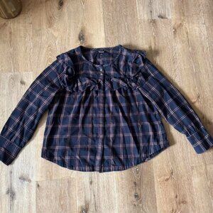 Madewell Blue Purple Plaid Button Ruffle-Yoke Top Flannel Size M